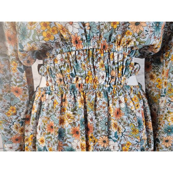 No Comment Womens L Floral‎ Dress & Side Waist Slits Puffy Sleeves Boho - Picture 14 of 16